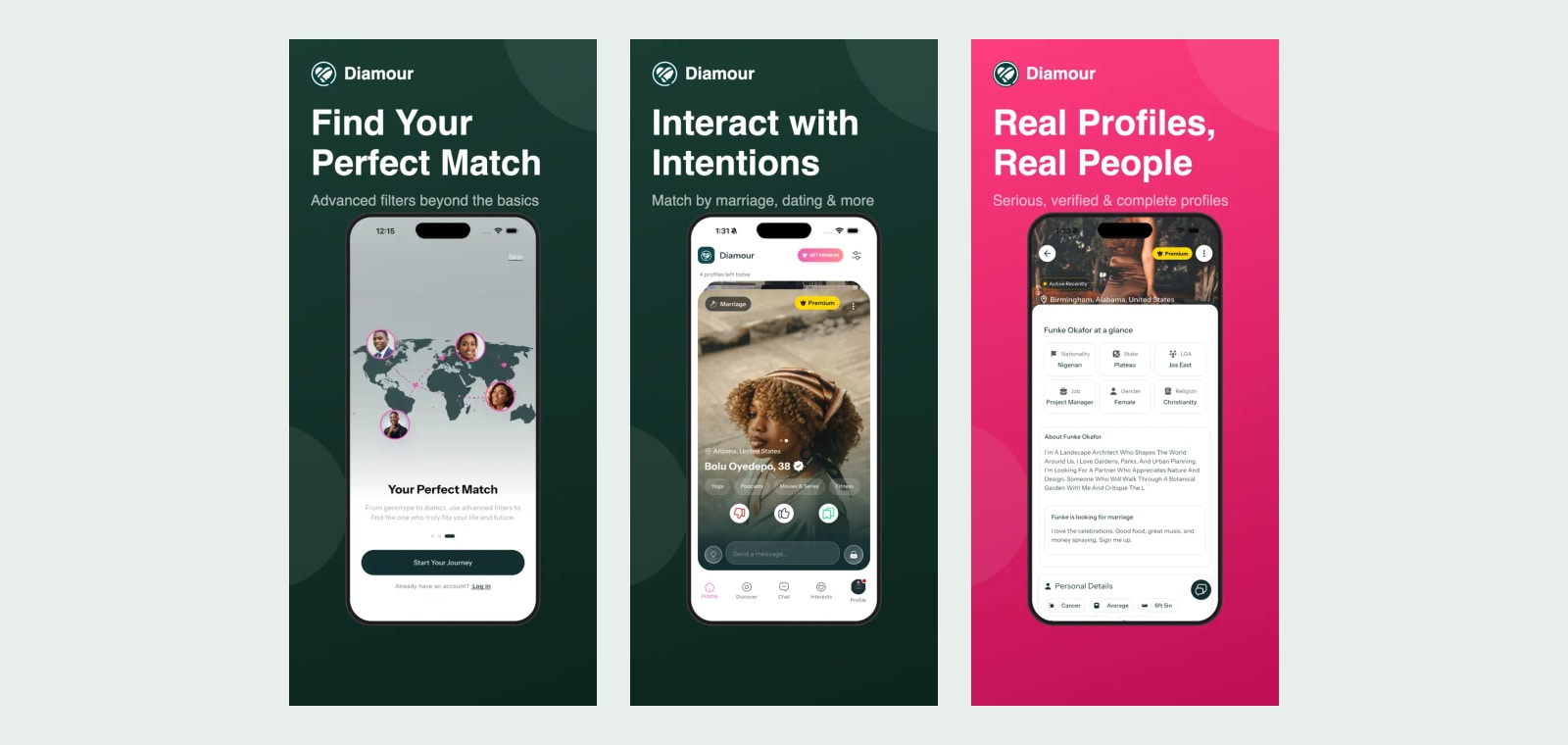 Three Diamour screens showing compatibility filters, relationship intentions, and verified profiles