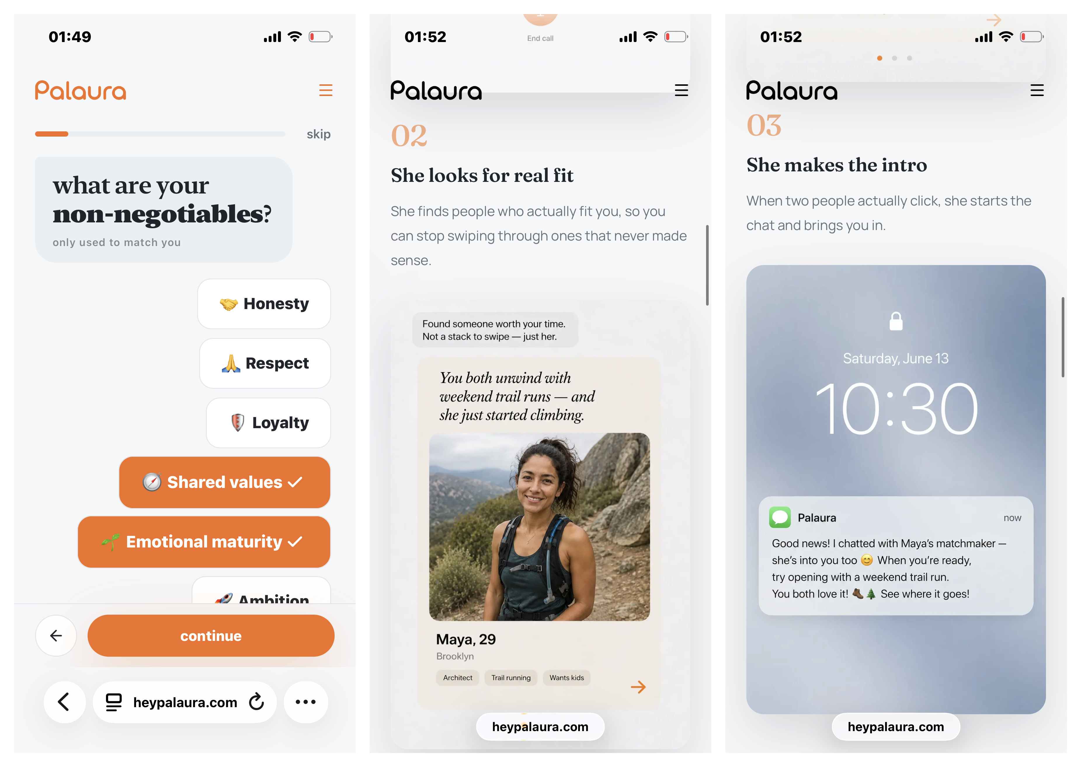 Three Palaura screens showing relationship preferences, compatibility matching, and a thoughtful introduction