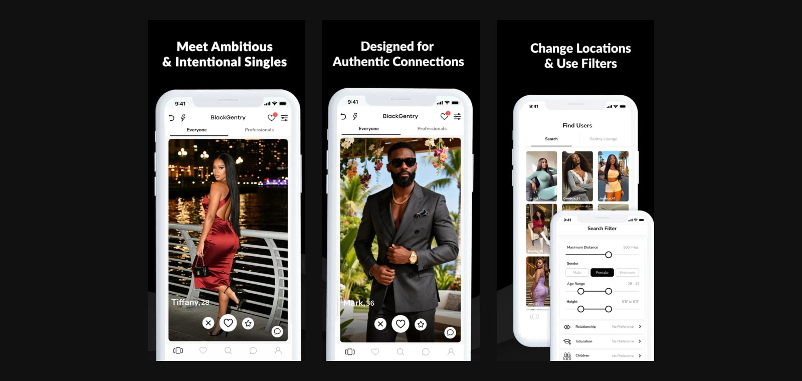 Three BlackGentry screens showing intentional Black singles and search filters