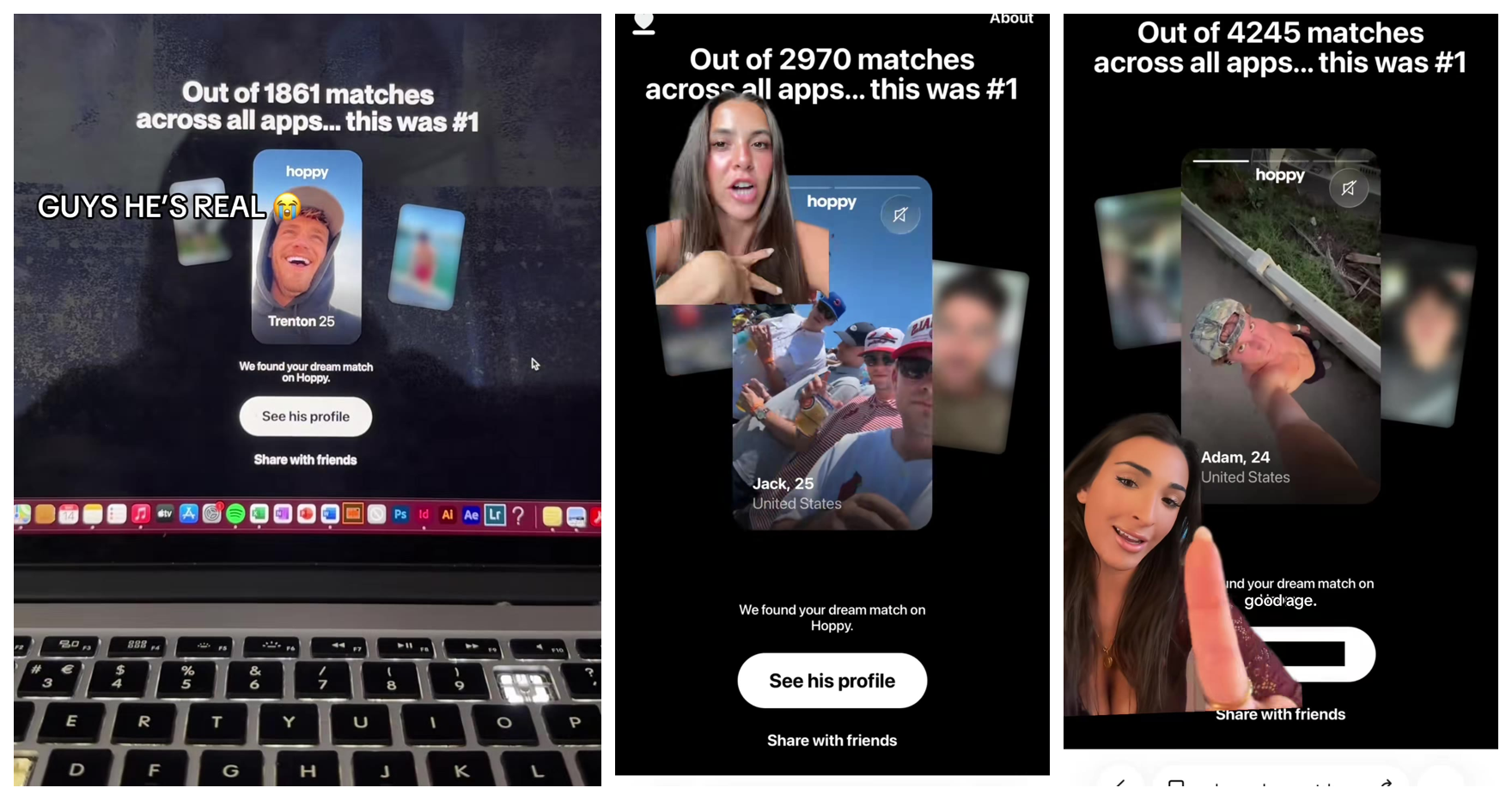The reveal screens — "Out of 1,861 matches across all apps... this was #1" — and the real profiles it points to