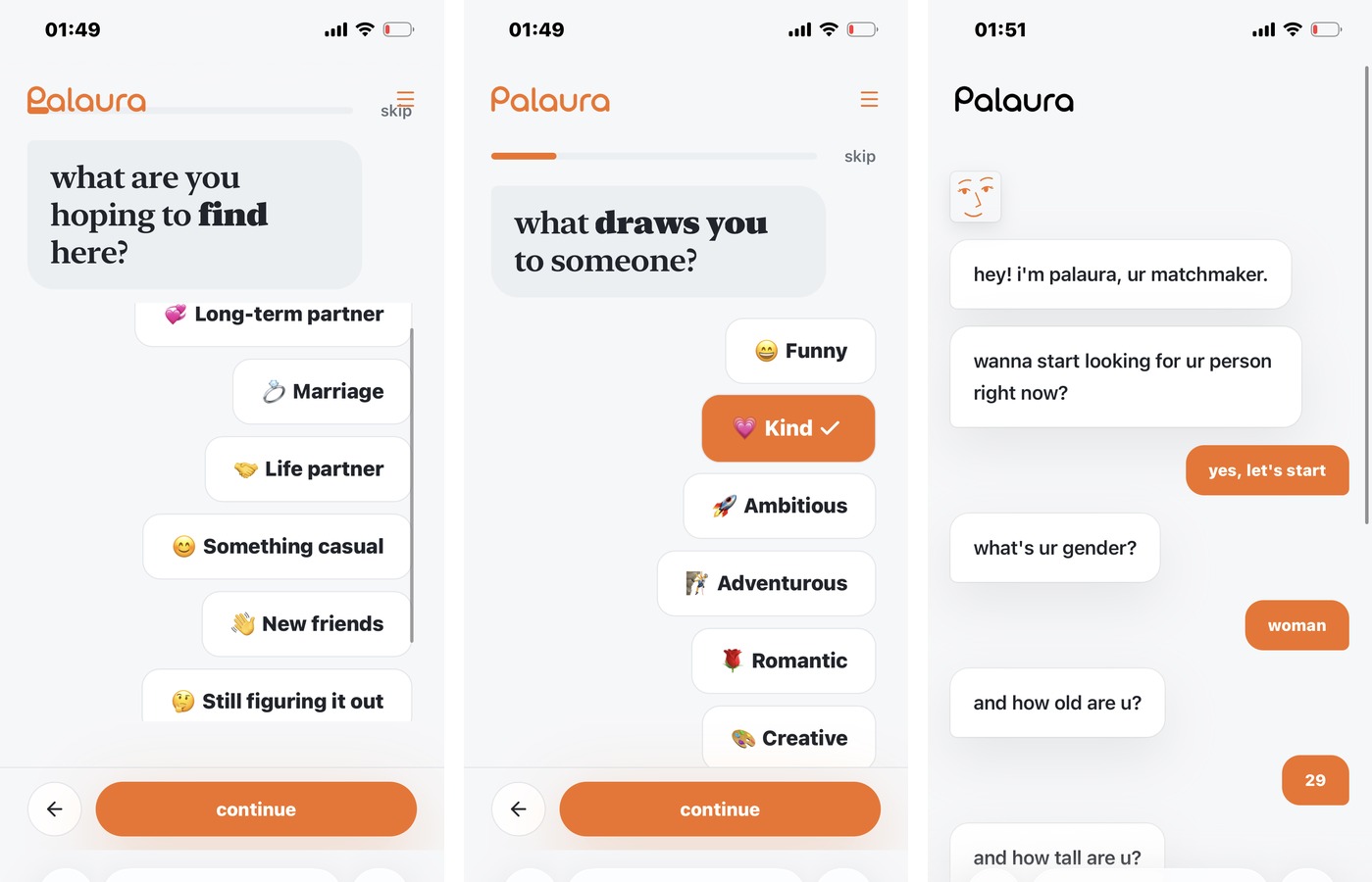 Three Palaura screens showing relationship goals, partner qualities, and matchmaker intake