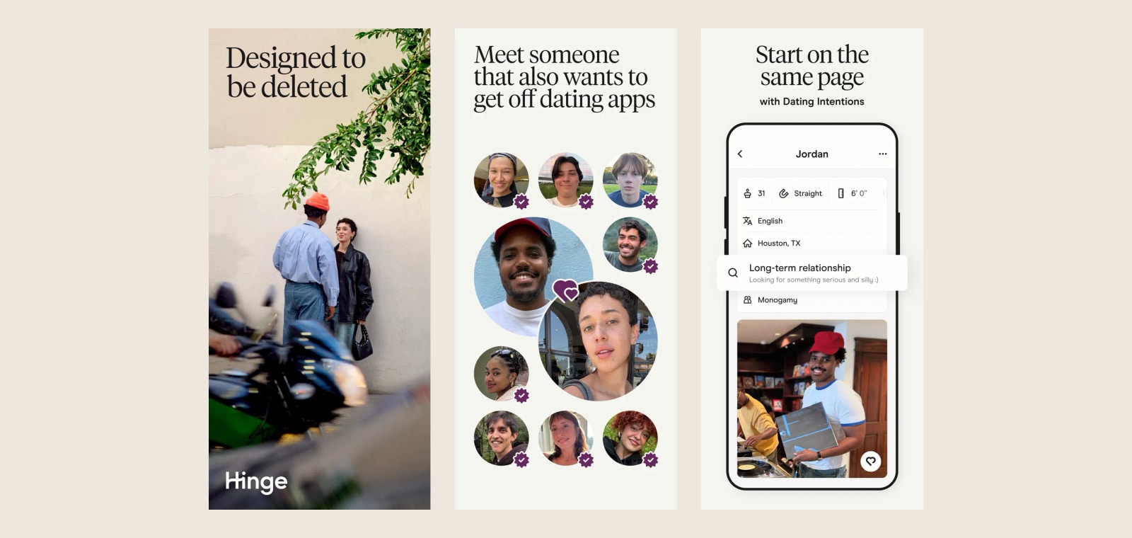 Three Hinge screens showing its relationship-focused positioning, member pool, and dating intentions