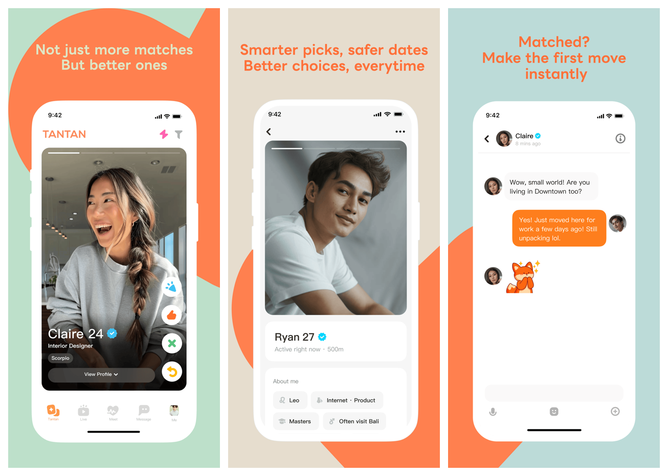 Tantan app screens — the swipe card, a profile, and an in-app chat