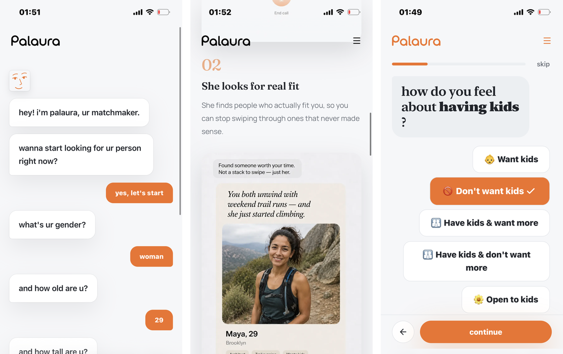 Palaura's AI matchmaker — the chat-based opening, a match reveal, and preferences