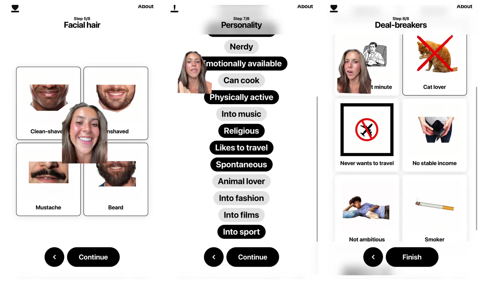The order form itself — the facial hair step, the personality checklist, and the deal-breakers page with "Cat lover" crossed out