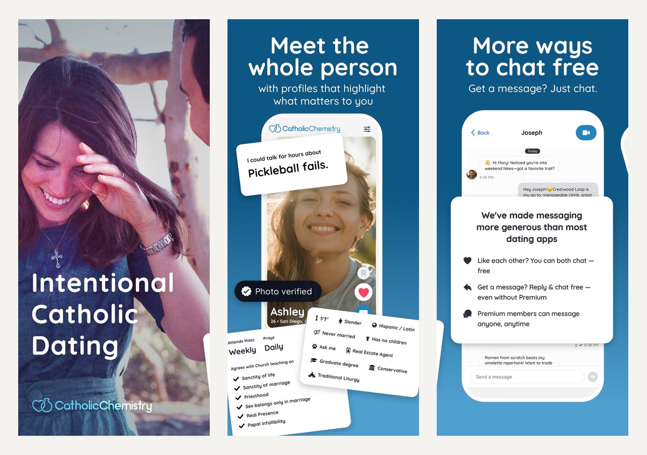 Catholic Chemistry official App Store screens showing Catholic profiles and messaging