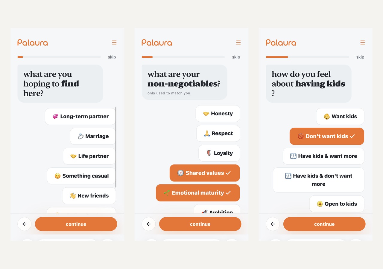 Three Palaura screens showing long-term goals, shared values, and plans for children