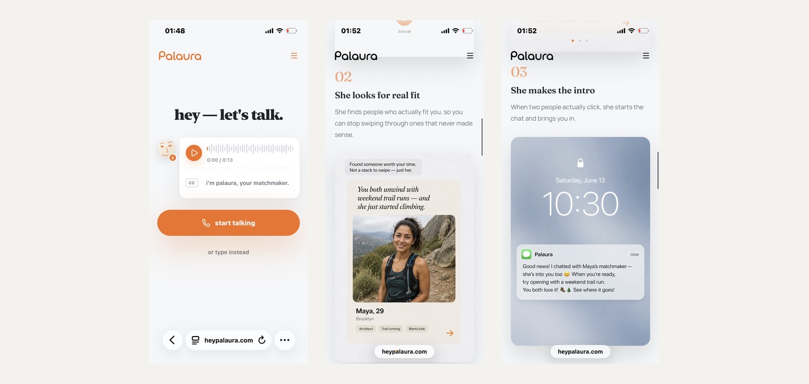 Three Palaura screens showing the voice interview, compatibility search, and iMessage introduction