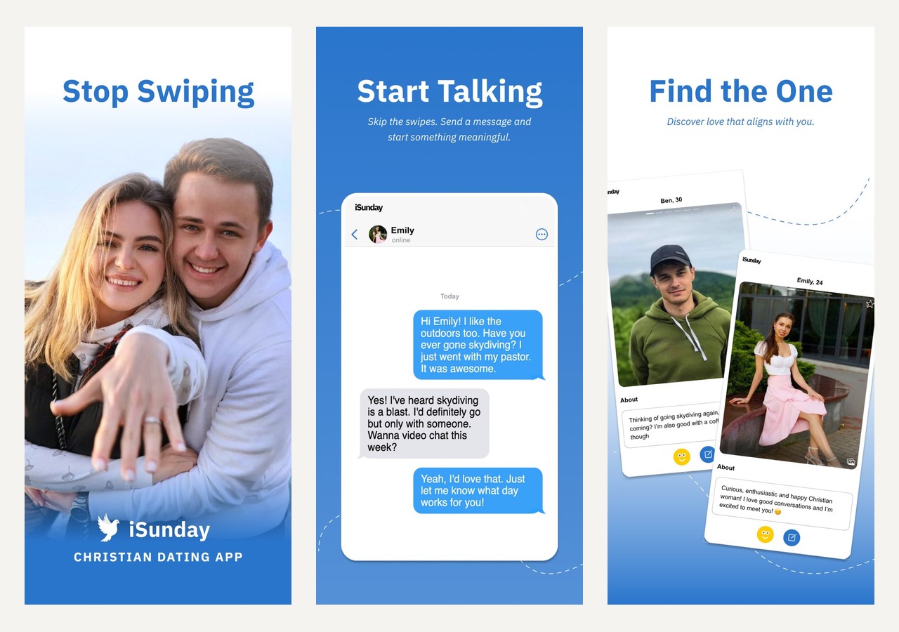 iSunday official App Store screens showing its no-swipe conversation experience